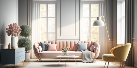 Illustration of Modern cozy living room with pink couch with pastel colors and natural light. Generative AI