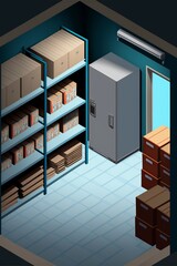cartoon illustration, cold room in warehouse with cardboard boxes, ai generative