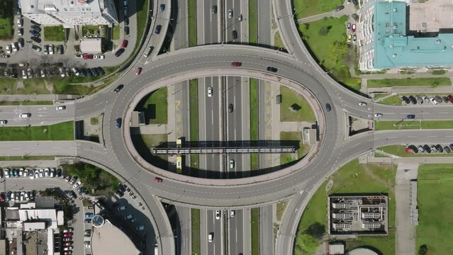 Static drone shot of Belgrade city highway roundabout.