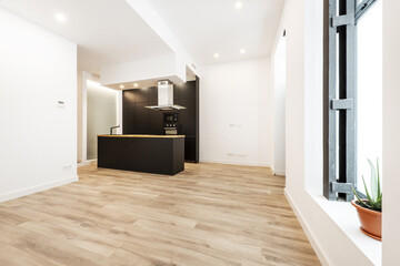 An empty loft apartment except for the newly installed open plan kitchen with black cabinets, appliances and taps and an island with a wooden countertop
