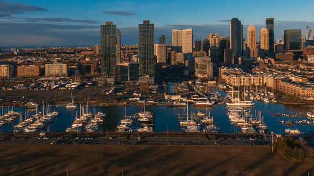 Aerial view of Jersey city, yachts and skyscrapers 