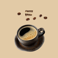 Vintage dark cup hot espresso coffee and beans on light brown beige background.