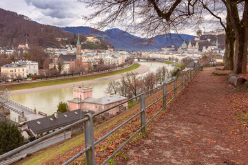 Salzburg. Picturesque view of the old historical part of the city at sunset.