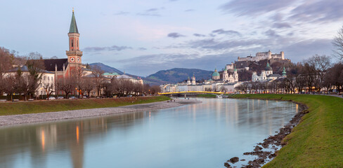Salzburg. Picturesque view of the old historical part of the city at sunset.