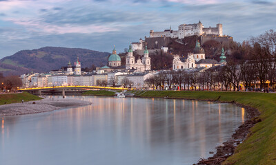 Fototapeta premium Salzburg. Picturesque view of the old historical part of the city at sunset.