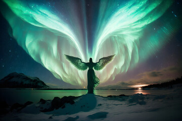 Angel with wings looking at aurora - generative ai - obrazy, fototapety, plakaty
