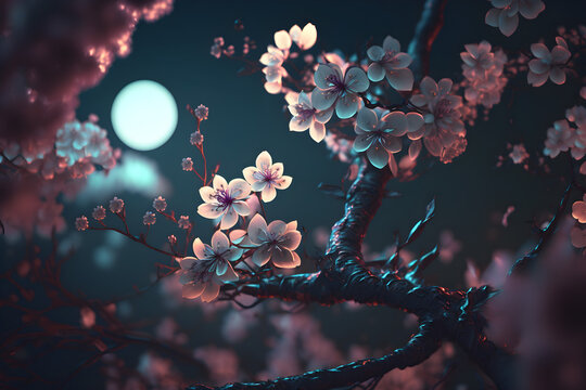 Blossom at moonlight in spring - generative ai