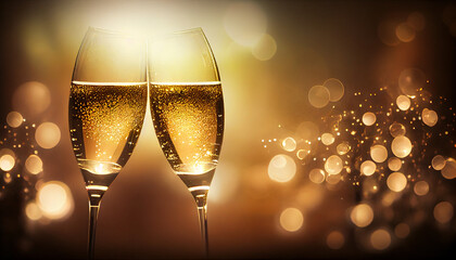 Cheers, champagne glasses, blurry golden festive background. generative AI