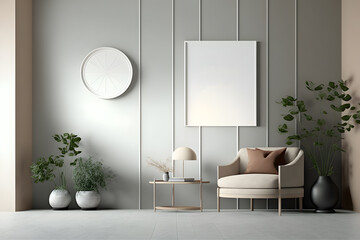 Contemporary home design with neutral grey walls and large frame mockup. Light minimalist japandi living room interior design. Generative AI.