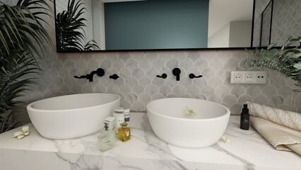 Naklejka na ściany i meble baño de estilo mediterraneo boho con ducha y doble lavabo 