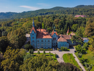Fototapeta na wymiar Aerial vIew by drone. Summer. Shenborn Palace Karpaty, Zakarpattia Ukraine Castles 