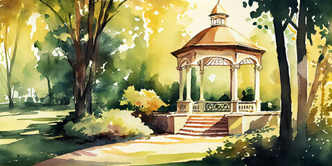 A Park on a Warm Sunny Summer Morning with a Gazebo Watercolor Generative AI