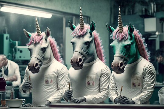 Created with Generative AI technology. Animal unicorns scientist making tests in lab inventing innovation in biology.