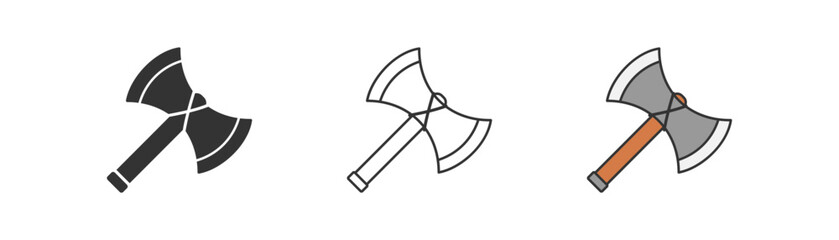 Battle axe icon on light background. War weapon symbol. Norse handed ax. Outline, flat, and colored style. Flat design. Vector illustration.