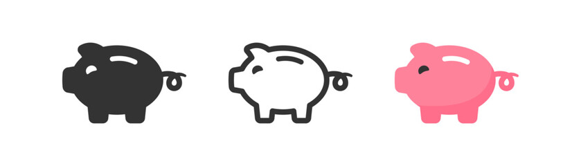 Piggy bank icon on light background. Money savings symbol. Time management, coin, pink pig, cash sign. Outline, flat, and colored style. Flat design. Vector illustration.