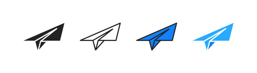 Paper plane icon on light background. Send message symbol. Origami handmade blue airplane, new message sign. Outline, flat, and colored style. Flat design. Vector illustration.
