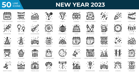 New year 2023 icons in line style. Calendar, Confetti, Pizza. Outline icons collection. Holiday symbol. Vector illustration
