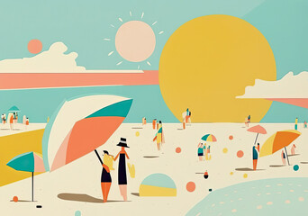 summer beach scene illustration, as a postcard, generative ai illustration soft pastel tones colors