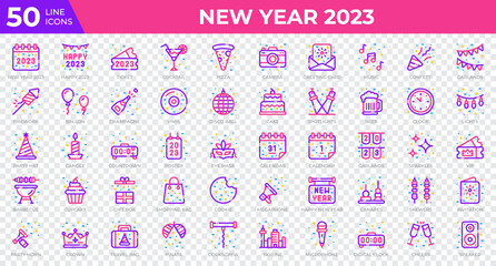 New year 2023 icons in colored line style. Calendar, Confetti, Pizza. Colored outline icons collection. Holiday symbol. Vector illustration