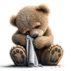 teddy bear sitting and crying, wiping his tears with a handkerchief for his nose, on a white background, sad bear, sadness, generative ai	