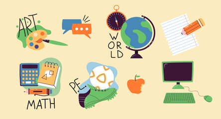 Primary school icons. Back to school stickers. Physical education icon vector in doodle style. Soccer ball, sneakers are shown in a hand drawn style.