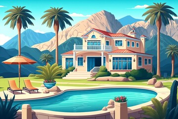 Fototapeta premium cartoon illustration, house and swimming pool with loungers by the pool, ai generative