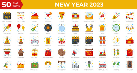 Fototapeta na wymiar New year 2023 icons in flat style. Calendar, Confetti, Pizza. Flat icons collection. Holiday symbol. Vector illustration