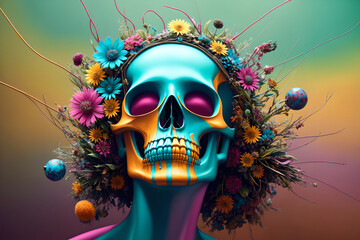 Fototapeta na wymiar Dark fantasy design, painted human skull and lush bunch of flowers on colorful background, AI generated