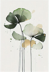 Delicate botanical watercolor of lily pads in a white background, generative AI