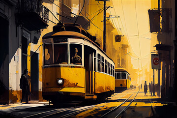 Fototapeta premium Illustration of a traditional yellow tramway in Lisbon, generative AI