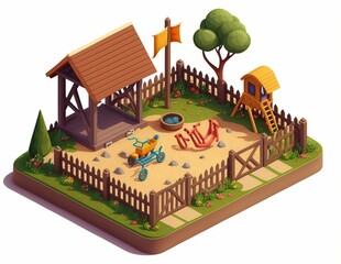 cartoon illustration, children's playground with sandbox, bike and toys, ai generative