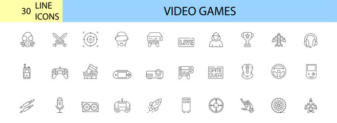30 Video games icons set. Game genres and attributes. Lines with editable stroke. Isolated vector icons