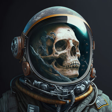 realistic skull with astronaut cpace, realist2, skull and crossbones on black, AI generated