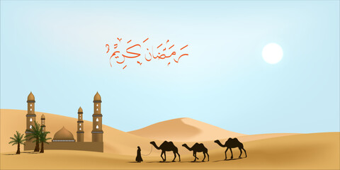 Ramadan desert background with mosque and silhouette of camels caravan.