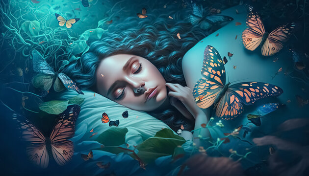 Sweet dreams. The girl sees a magical dream with butterflies. The concept of relaxation.  fantasy background. digital ai art