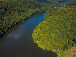 Aerial vIew of Lake Barvinok, city Novyy Rozdil by drone. Summer Ukraine Lviv region, West Ukraine.