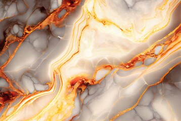 White marble with with gold and fire orange opal surface abstract background. Decorative acrylic paint pouring rock marble texture. Horizontal natural orange and gold abstract pattern.