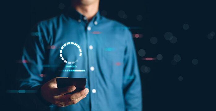 Business man using smart phone for Downloading Data and show downloding status