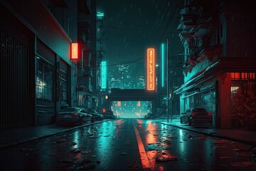 Photorealistic 3d illustration of the futuristic city in the style of cyberpunk. Empty street with neon lights. Beautiful night cityscape. Generative AI.