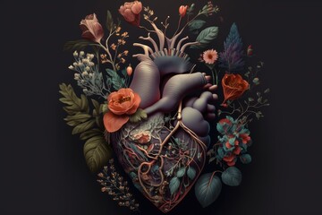 Human heart with flowers, love and emotion concept, good-hearted person, help and charity. Generative AI.