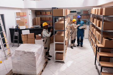 Delivery service warehouse managers preparing customer order before dispatching. Mail sorting...