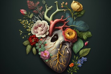 Human heart with flowers, love and emotion concept, good-hearted person, help and charity. Generative AI.