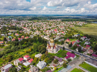 Aerial vIew of Khodoriv city by drone. Summer Ukraine Lviv region, West Ukraine. Curch.