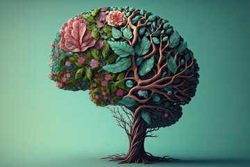 Human brain tree with flowers, self-care and mental health concepts, positive thinking, creative mind. Generative AI.