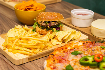 Pizza and Hamburger with French fries