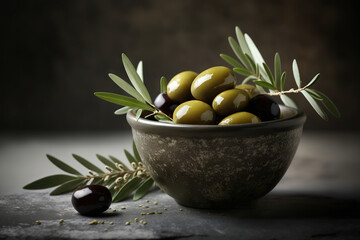 Delicious ripe olives in a bowl. Based on Generative AI - obrazy, fototapety, plakaty
