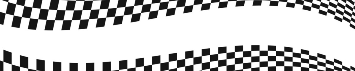 Waving race flags background with space for text. Chess game or rally sport car competition wallpaper. Warped black and white squares pattern. Checkered winding texture
