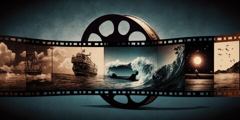 Film reel. Canister of film stock spool. 3D digital art. Theatrical movie theater cinema clips. Negatives.