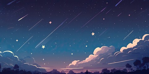 Starry night sky landscape. Nighttime horizon view. Colorful abstract illustration. Shooting stars and clouds. Background wallpaper.