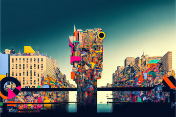 Abstract depiction of a European town by the lake.